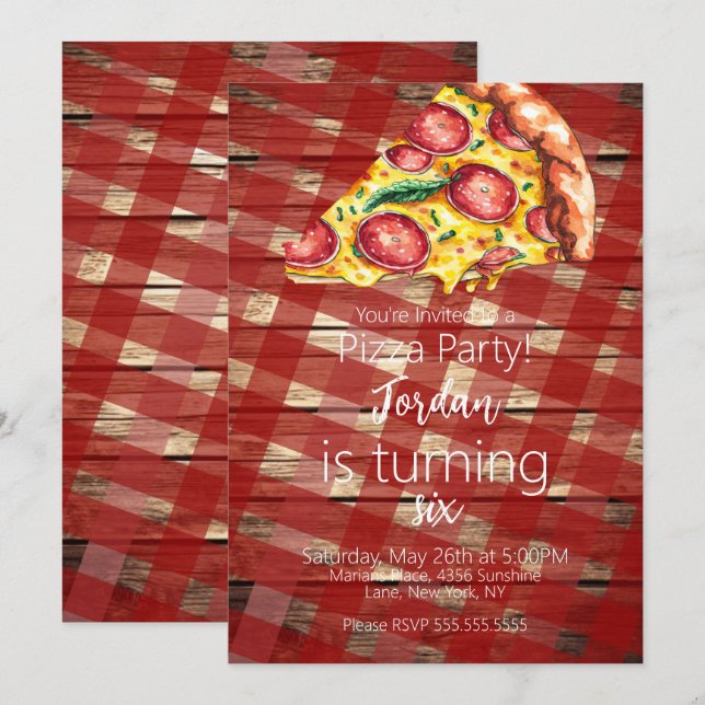 Invitation Pizzas d'aquarelle Slices fête d'anniversaire Scri (Devant / Derrière)