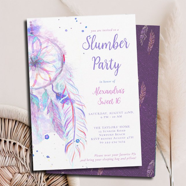 Invitation PJ Party PJ violet Dreamcatcher Sweet 16 (sweet 16 slumber invitation birthday pj sleepover dreamcatcher purple pink watercolor whimsical)