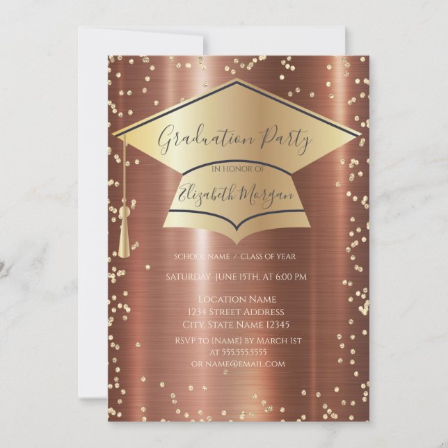 Invitation Plafond de diplôme, Diamants Brown Métallique Grad (Devant)