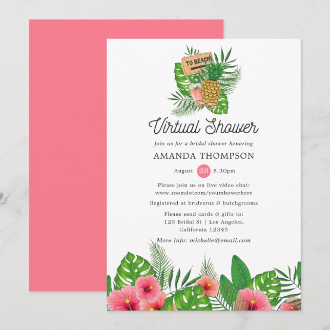 Invitation Plage Aloha Luau Virtuelle Enterrement de Vie de J (Devant / Derrière)