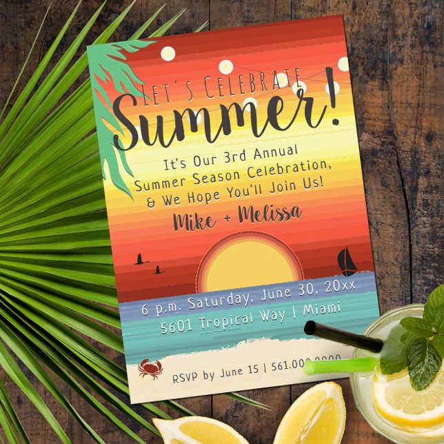 Invitation ☀️ 🌴 Plage amusante Coucher de soleil Tropical Su (Colorful Tropical Summer Party Invitation with Retro Typography)