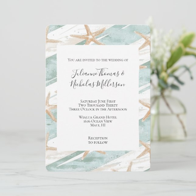 Invitation Plage Aqua Mint Starfish Stripes Mariage (Debout devant)