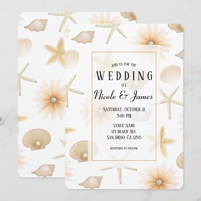 Invitation Plage aux pêches Coquillages et fleurs Mariage mod (Devant / Derrière)