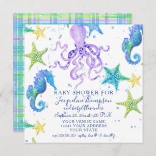 Invitation Plage baby shower Starfish Octopus Seahorse Plaid