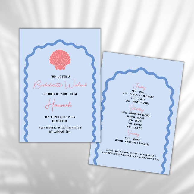 Invitation Plage Bachelorette Weekend Seashell (beach bachelorette invitation coastal bachelorette weekend invitation seashell wavy arch blue pink)