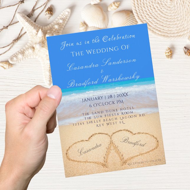 Invitation Plage Bleu 2 Coeurs dans le sable Invitatio Mariag (Créateur téléchargé)