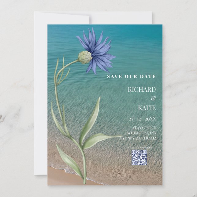Invitation Plage bleu Dusty design code Qr mariage (Devant)