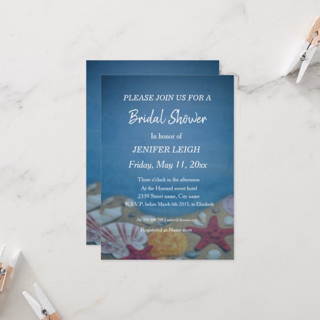 Invitation Plage bleu profond mariage douche nuptiale (Devant/Arrière en situation)