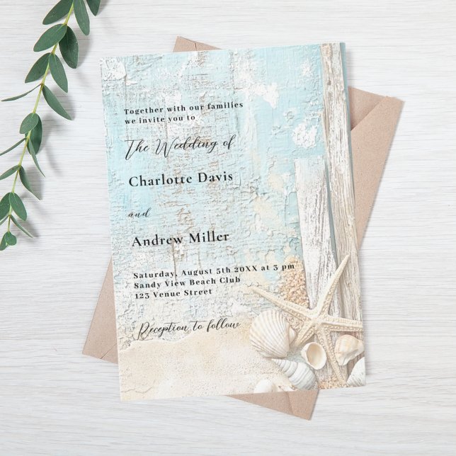 Invitation Plage bleu sable étoile de mer bois flotté luxe ma (Créateur téléchargé)
