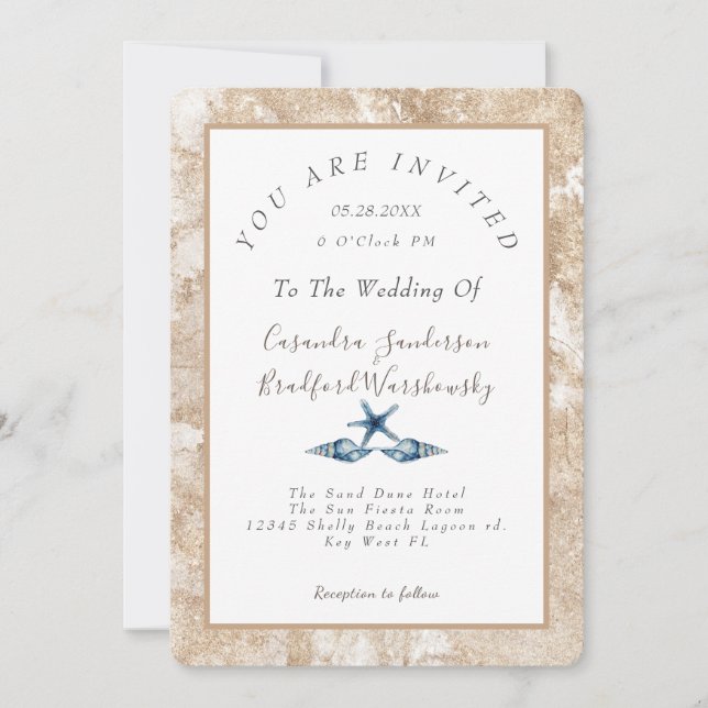 Invitation Plage Blue Seashell Aquarelle or Sand Mariage (Devant)