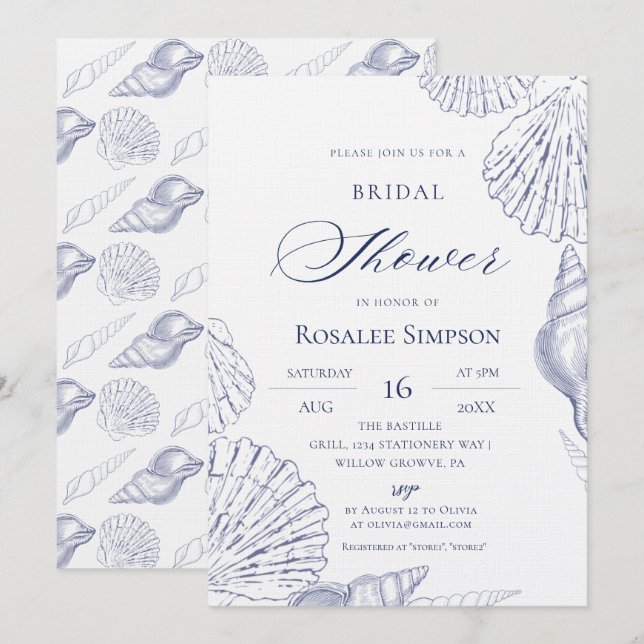 Invitation Plage Blue Shells Élégant Shower de Mariée (Devant / Derrière)