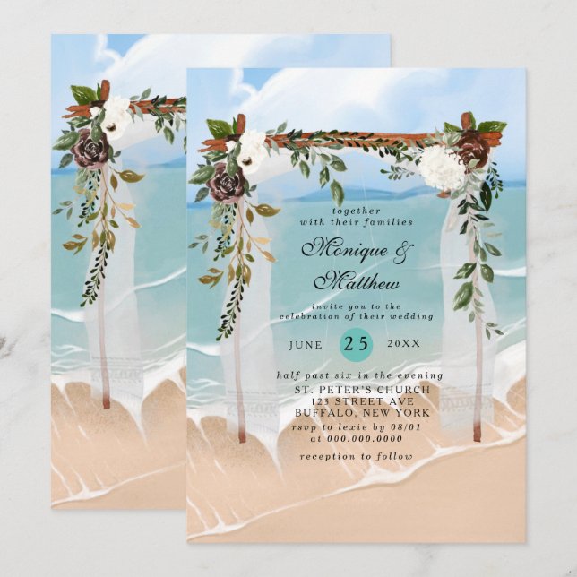 Invitation Plage Canopée Floral Tropical Moderne Mariage (Devant / Derrière)