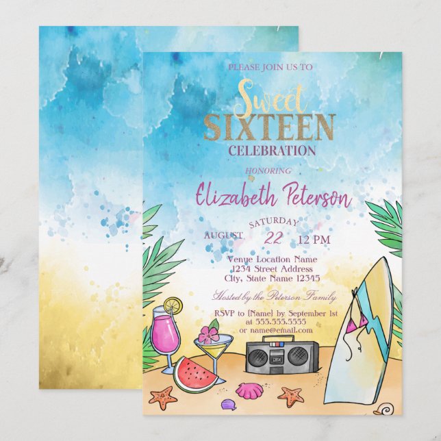 Invitation Plage Cocktail Fruits été Sweet 16 Party (Devant / Derrière)
