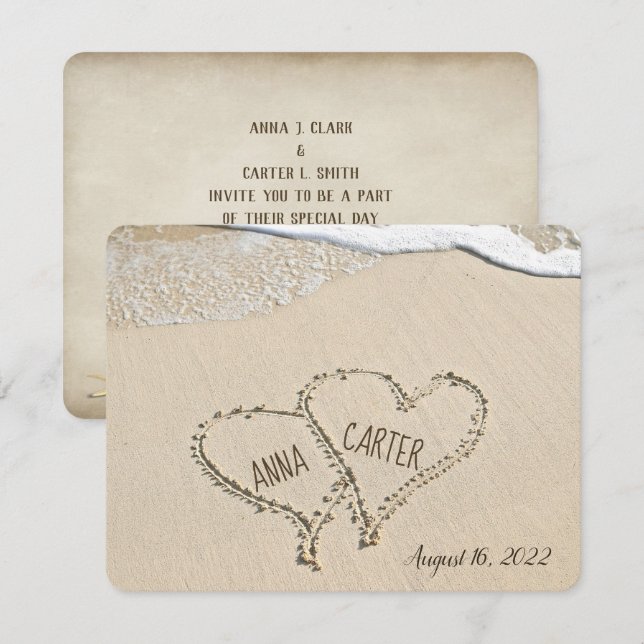 Invitation Plage Coeurs dans le sable avec surf (Devant / Derrière)