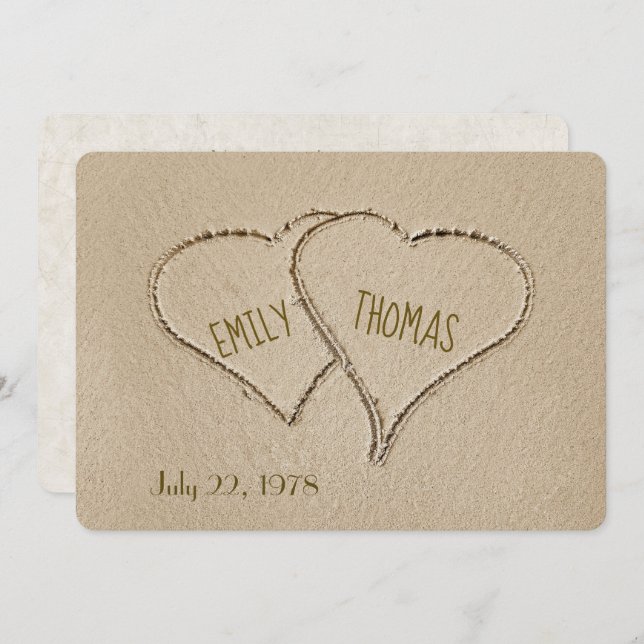Invitation Plage Coeurs dans le sable pour la cérémonie de re (Devant / Derrière)