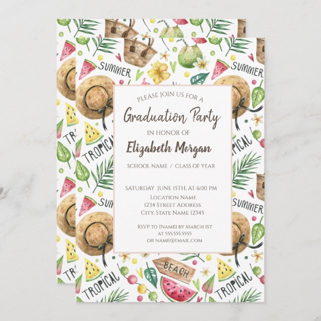 Invitation Plage colorée Fille Relax Graduation (Devant / Derrière)