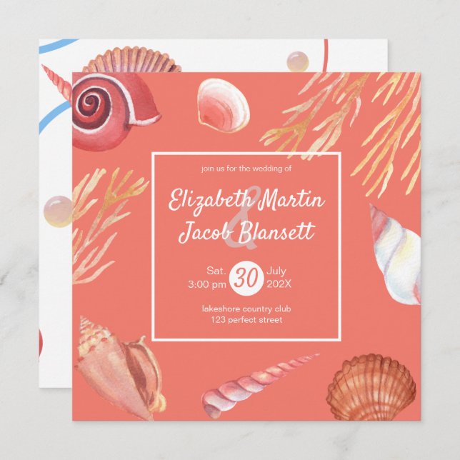 Invitation Plage Coral & Seashells Tout en un Mariage (Devant / Derrière)