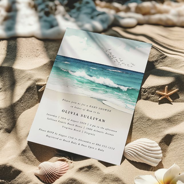 Invitation Plage côtière Baby shower d'aquarelle de sable de  (Coastal Beach Sea Sand Watercolor Baby Shower Invitation )