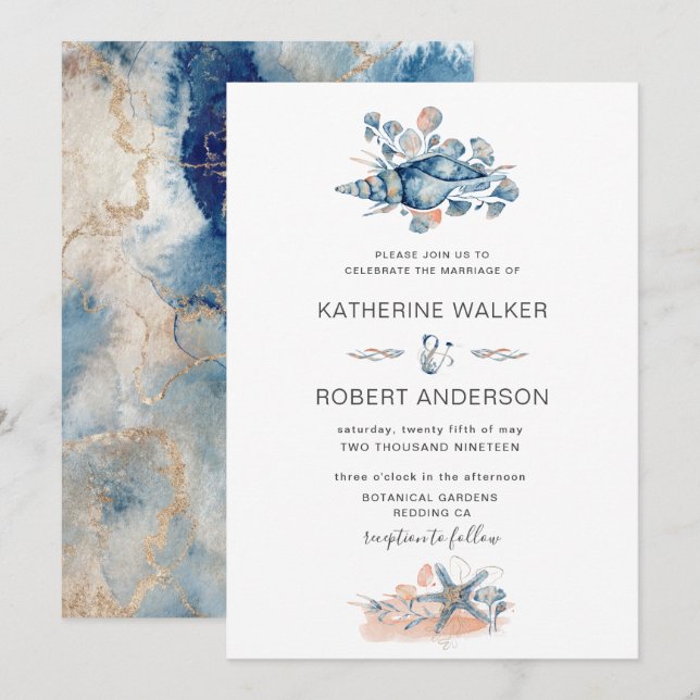 Invitation plage côtière coquillage élégant Mariage Invitatio (Devant / Derrière)