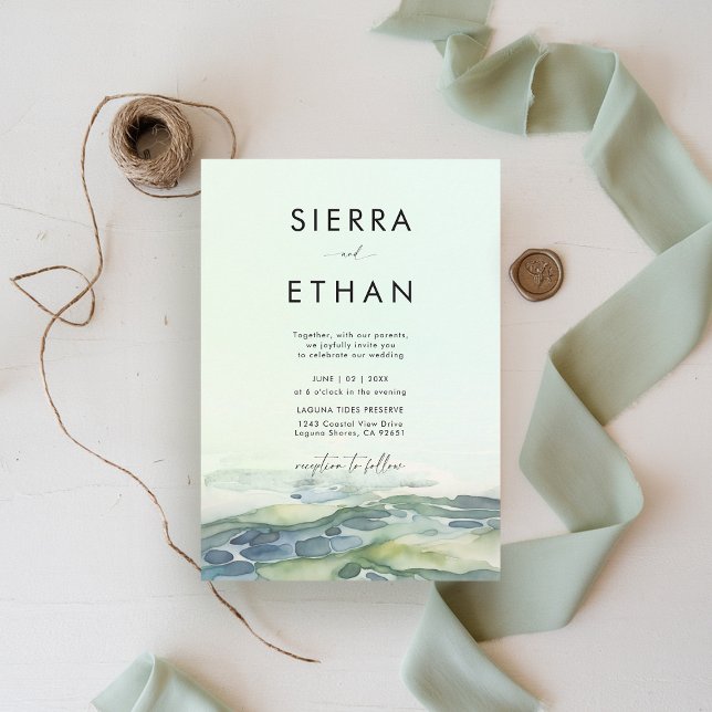 Invitation Plage côtière Piscine à marée Vert mer Mariage mod (coastal wedding invitation rocky beach tide pool sea sage green ecru elegant romantic)