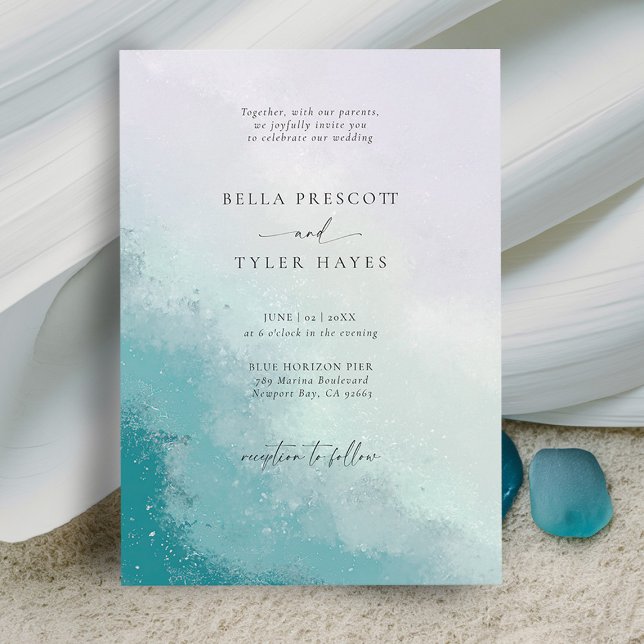 Invitation Plage côtière Verre de mer Turquoise Lavande chic  (coastal wedding invitation sea glass teal blue lavender purple modern ocean beach elegant chic)