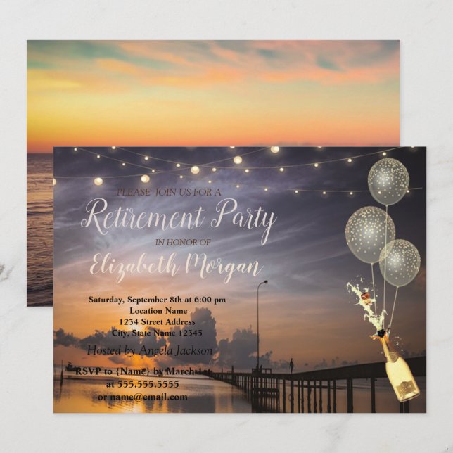 Invitation Plage, Coucher de soleil, Ballons, Vin Fête de ret (Devant / Derrière)