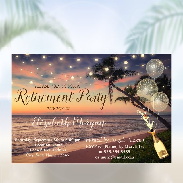 Invitation Plage,Coucher de soleil,Palme,Ballons,Vin Fête de  (Créateur téléchargé)