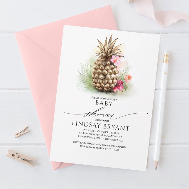 Invitation Plage d'ananas Tropical Gold Baby shower floral (Créateur téléchargé)