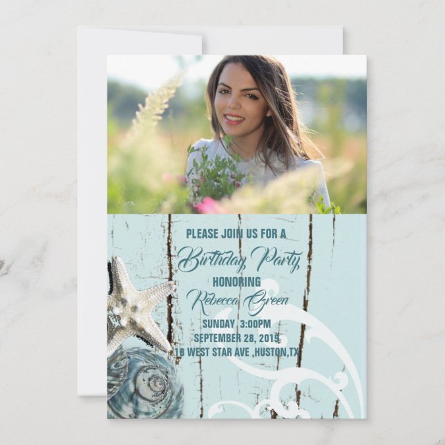 Invitation plage de coquillages bleu tropical aqua fête d'ann (Devant)