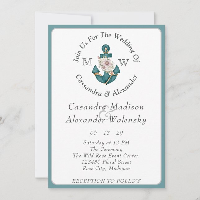 Invitation Plage de cordes d'Ancres florales Mariage Turquois (Devant)