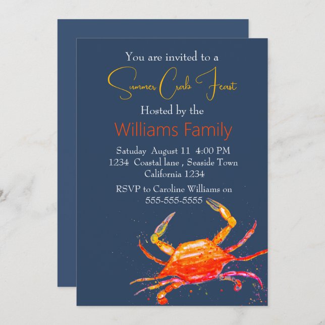 Invitation Plage de crabe Côtier Nautique Fruits de mer Bouil (Devant / Derrière)
