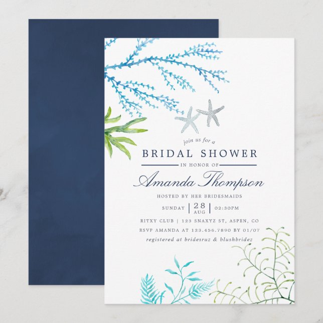 Invitation Plage de mariage thème aquarelle algue (Devant / Derrière)
