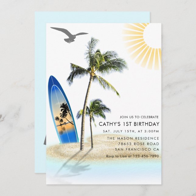 Invitation Plage de marque personnalisée Été Neutre 1er anniv (Devant / Derrière)
