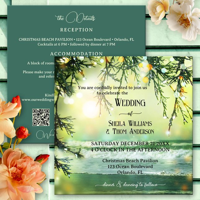 Invitation Plage de Noël étincelante QR Tout en un Mariage (All in one beach wedding invitation featuring a magical beach with sparkling lights on pine twigs)