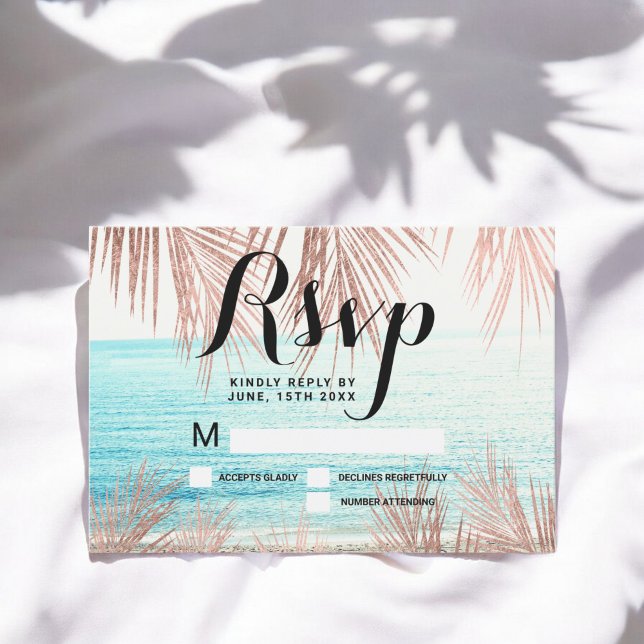 Invitation Plage de palmier d'or rose photo mariage RSVP (Rose gold palm tree beach photo RSVP wedding Invitation)
