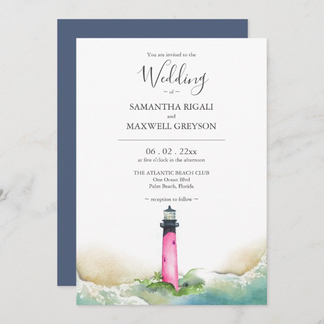 Invitation Plage de phare rose et bleu Destination Mariage (Devant / Derrière)