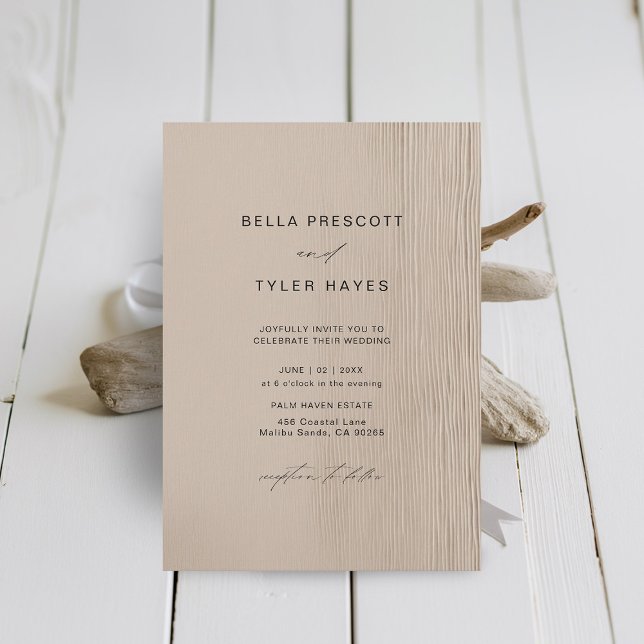 Invitation Plage de sable de Driftwood sur la côte Océan Mari (Coastal Wedding Invitation Elegant Modern Minimalist Driftwood Beach Ocean Sand Ecru Beige )