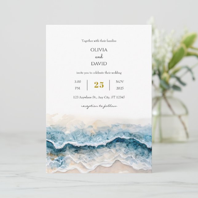 Invitation Plage de sable doux Blue Waves Aquarelle Mariage d (Debout devant)