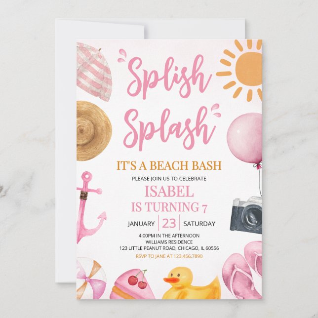 Invitation Plage de sable rose Bassin Anniversaire (Devant)