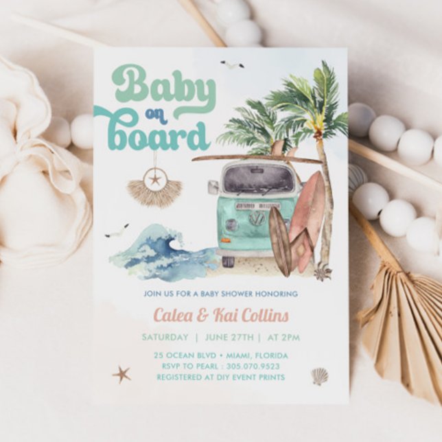 Invitation Plage de Surf Rétro Bébé à Bord Baby Shower (Créateur téléchargé)