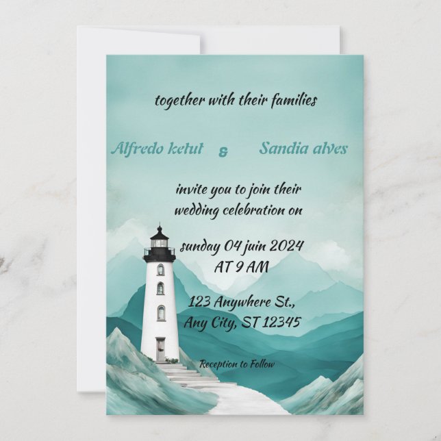 Invitation plage d'été Phare aquarelle mariage Invitat (Devant)