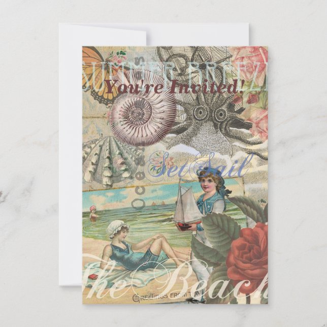 Invitation plage d'été poulpe vintage antique voile (Devant)