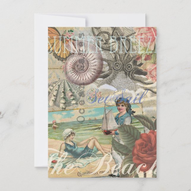 Invitation plage d'été poulpe vintage antique voile (Devant)