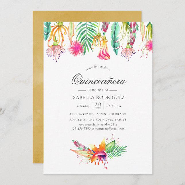 Invitation Plage d'été tropicale florale Quinceañera (Devant / Derrière)