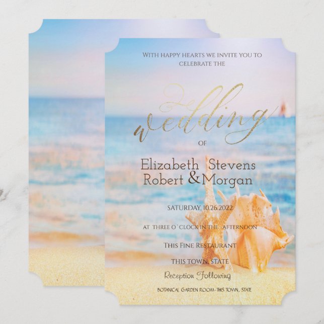 Invitation  Plage, étoile de mer, coquillage  (Devant / Derrière)