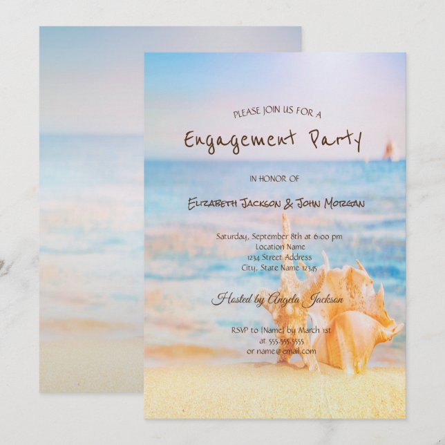 Invitation Plage, Étoile de mer, Coquillage Fiançailles (Devant / Derrière)