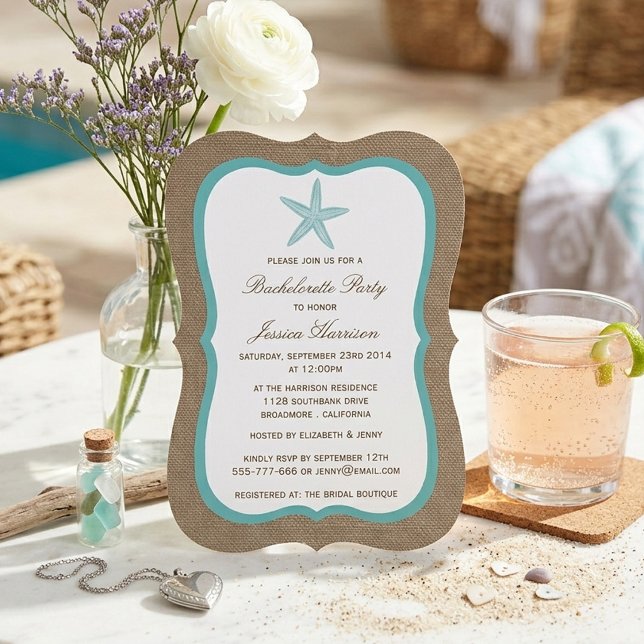Invitation Plage Étoile de Mer Turquoise Toile de Jute Enterr (Créateur téléchargé)