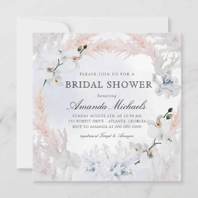 Invitation Plage Flore Blanche & Blush Fête des mariées Bleue (Devant)