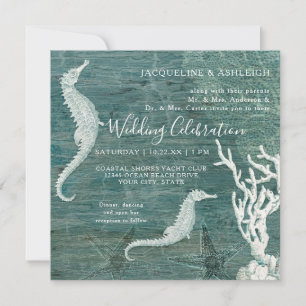 Invitation Plage Hippocampe Corail Turquoise Bleu Blanc Bois 