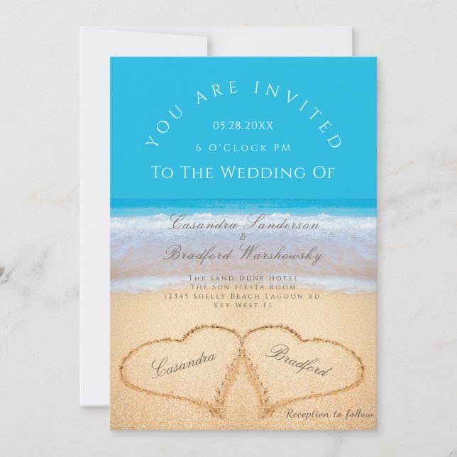 Invitation Plage Mariage 2 Coeurs Mariage de sable Ocean Blue (Devant)